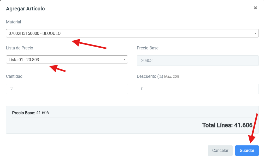 Cargar artículo con precios