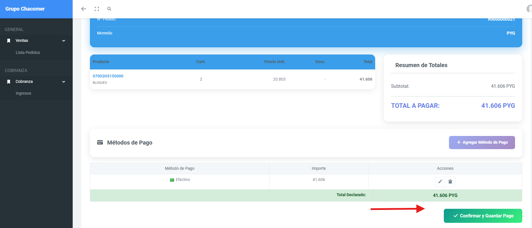 Confirmación de pago guardado