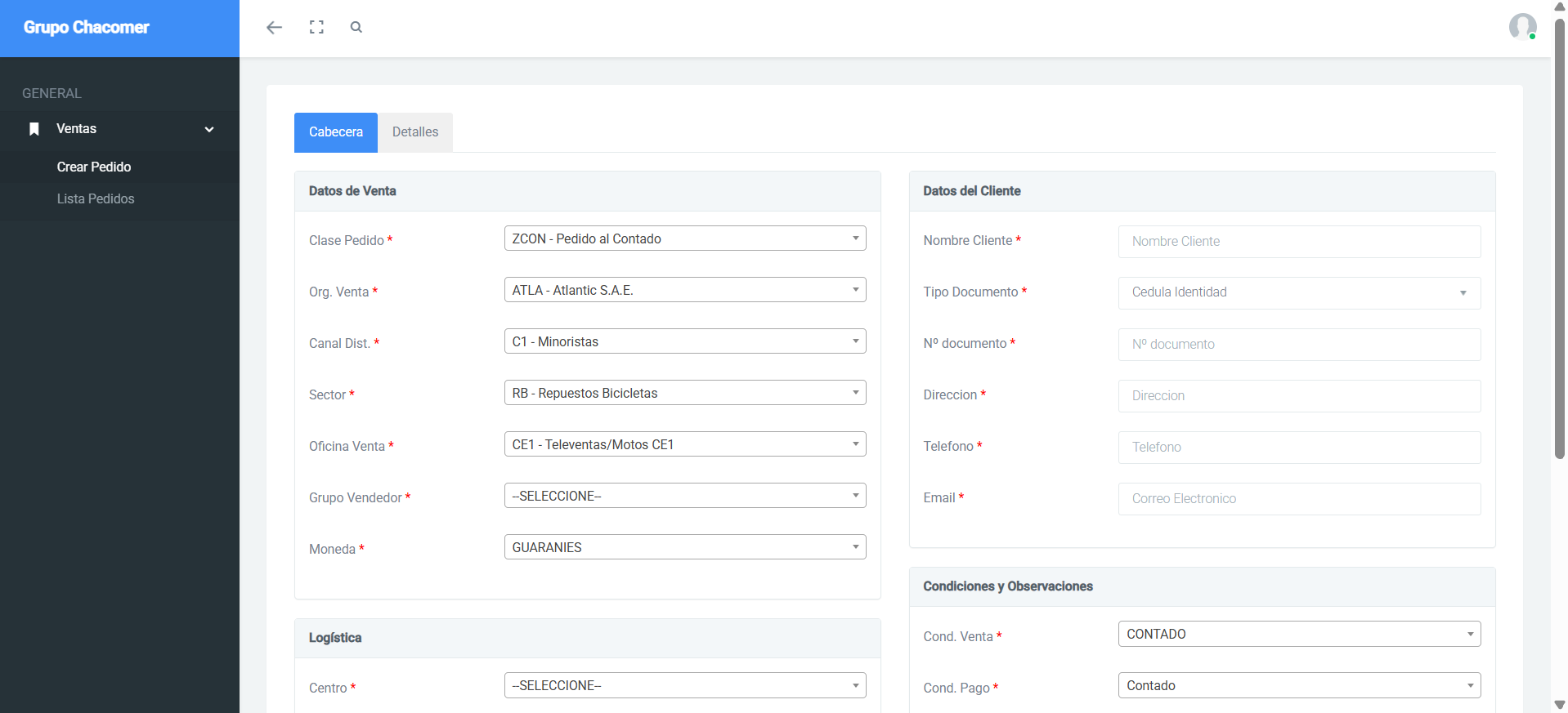 Dashboard principal de ventas