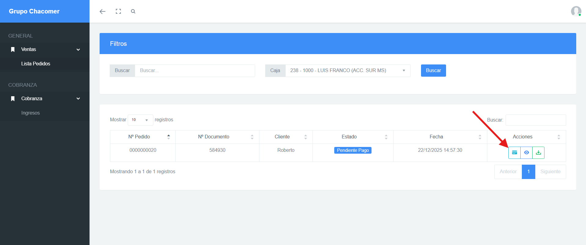 Menú de acciones de pago